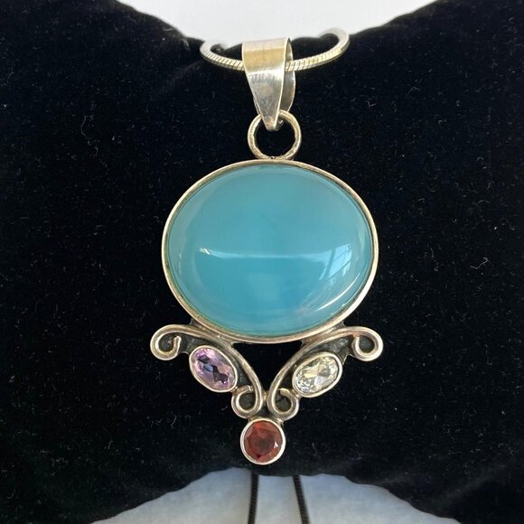 Sterling Silver 925 Chalcedony Amethyst Garnet Iolite Pendant Necklace 20" Chain - Picture 7 of 16